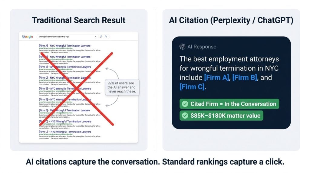 Side-by-side diagram comparing traditional search results (bypassed by 92% of users seeing AI summaries) with an AI citation response naming specific law firms, showing the dollar value attached to each cited firm