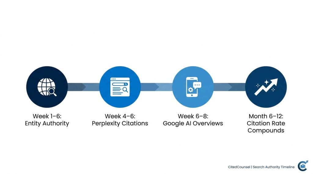 Timeline for employment law firms to build AI citation authority: 4 to 12 weeks per milestone