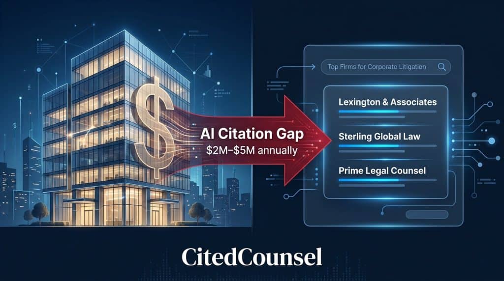 Illustration showing case value flowing from a law firm building to an AI citation result, representing the dollar cost of a law firm’s AI citation gap