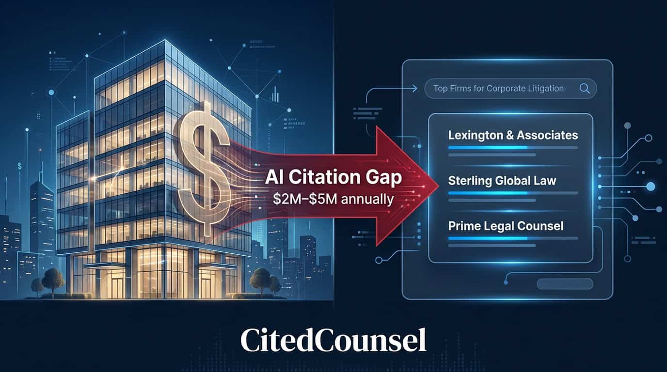 Illustration showing case value flowing from a law firm building to an AI citation result, representing the dollar cost of a law firm's AI citation gap