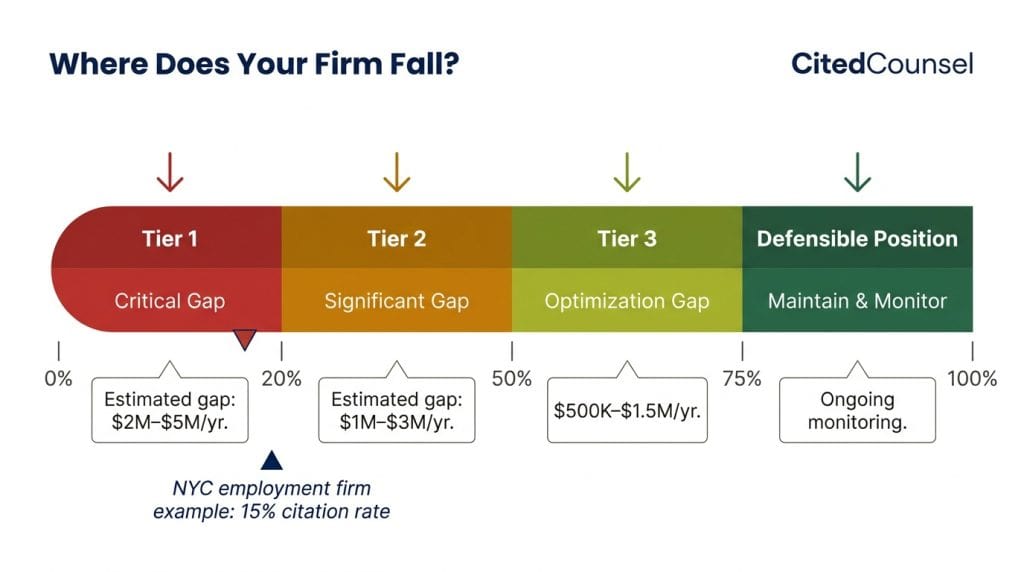 Horizontal spectrum chart showing four law firm AI citation gap tiers from left to right: Tier 1 Critical Gap (0–20% citation rate, $2M–$5M annual gap), Tier 2 Significant Gap (20–50%, $1M–$3M), Tier 3 Optimization Gap (50–75%, $500K–$1.5M), and Defensible Position (75%+), with the NYC employment firm example marked at 15%